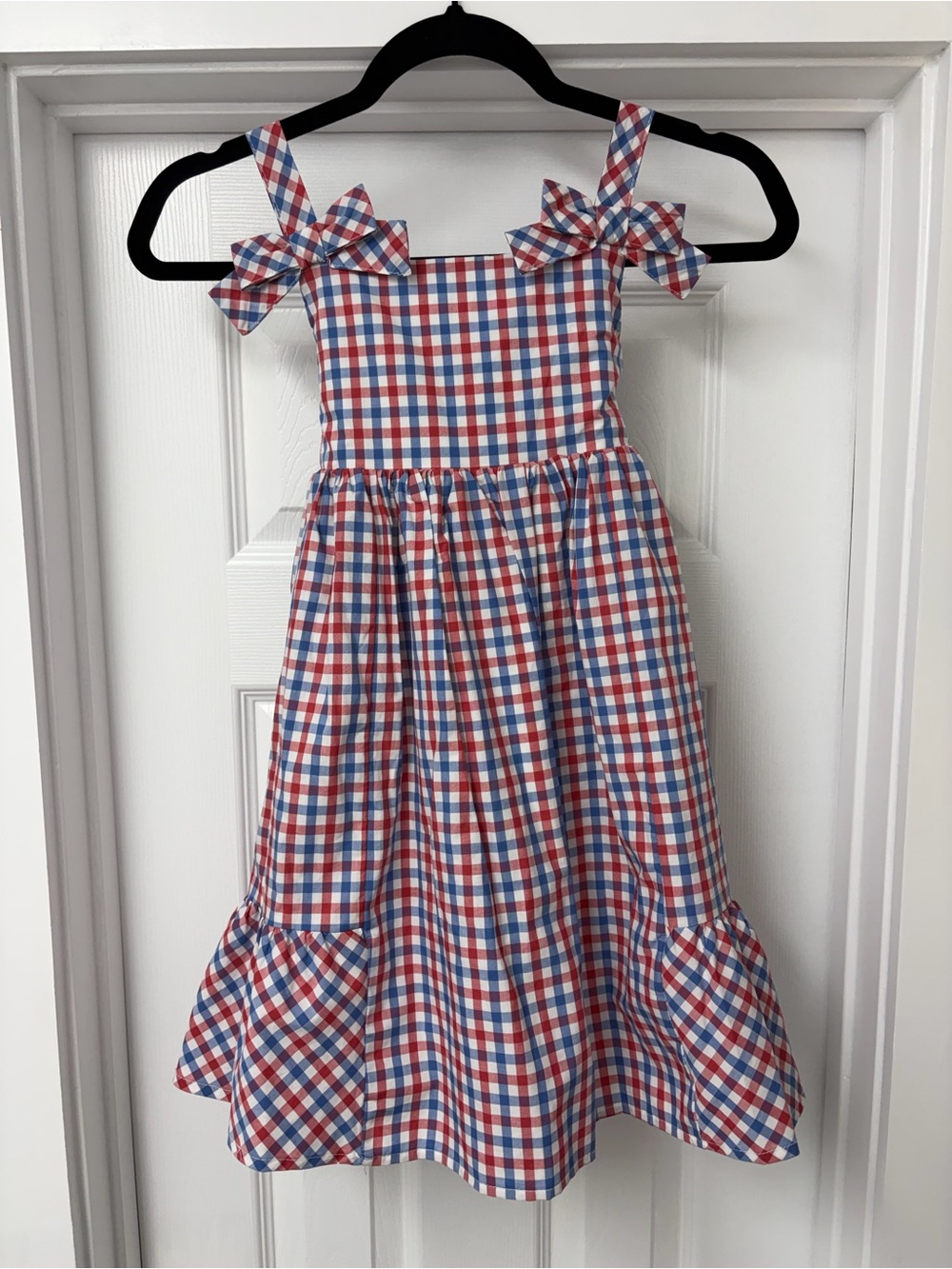 Tahari Red, White & Blue Gingham Bow-Shoulder Dress